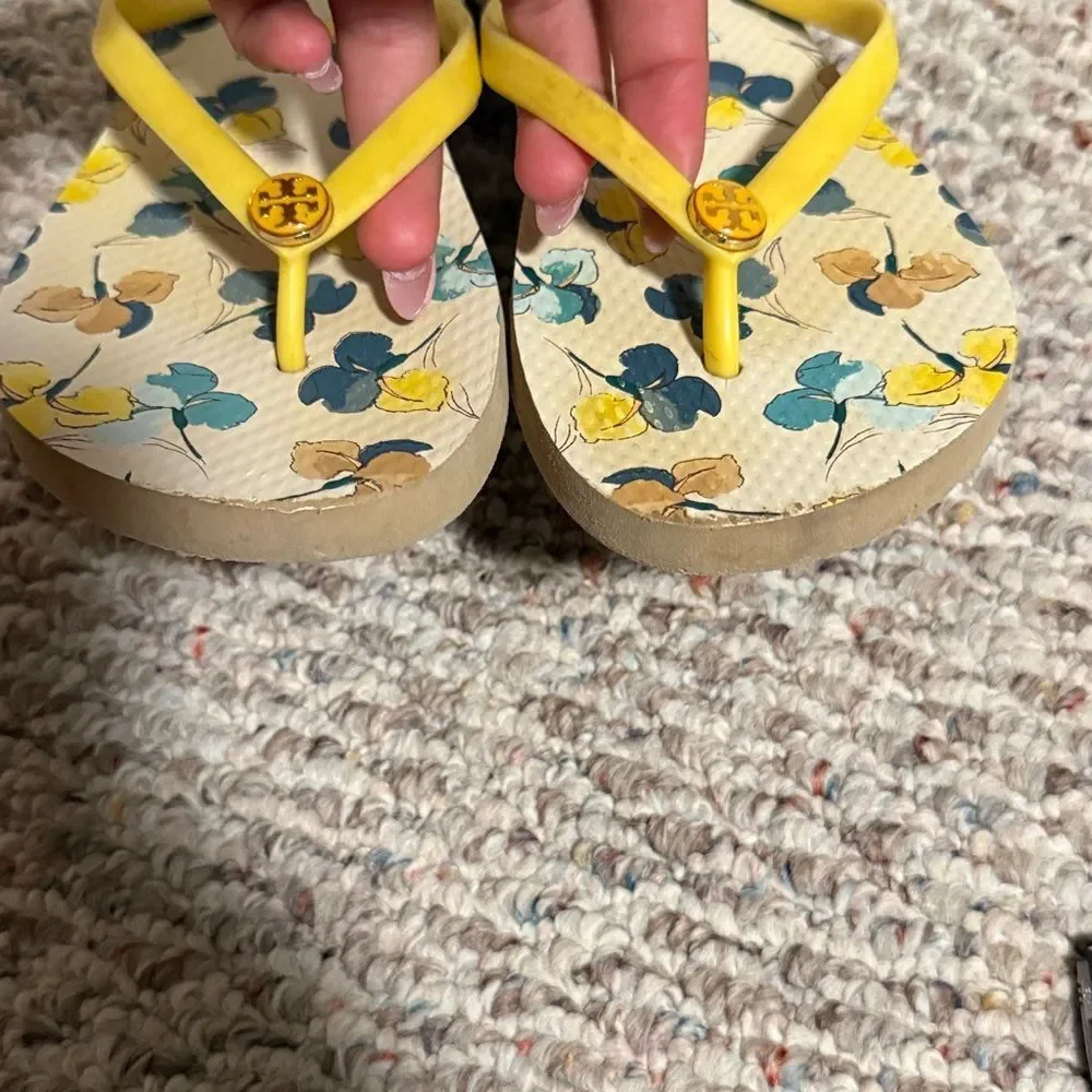 Tory Burch Floral Flip Flops Yellow Floral Slim Strap- Size 8